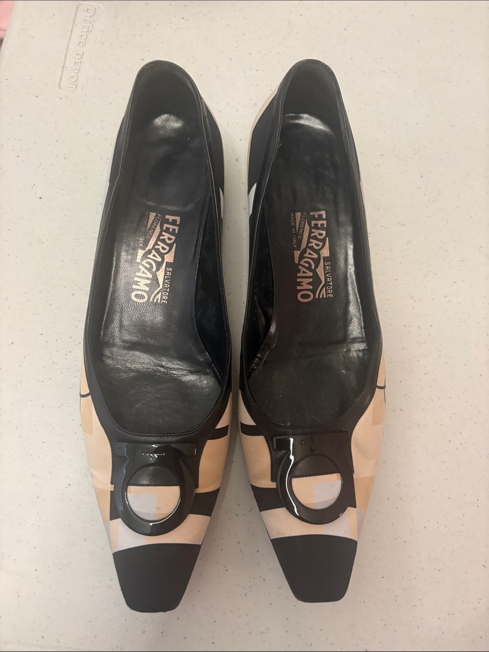 Salvatore Ferragamo Beige Black Signature Logo Ballet Flats